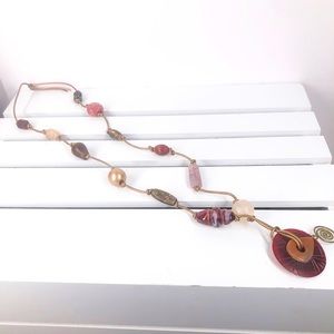 BEADED funky Boho‎ Copper tie lace NECKLACE Metal beads UNIQUE EUC
